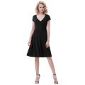 Belle Poque Frauen Casual Black Cap Ärmel V-Ausschnitt High Stretchy A-Linie Kleid BP000314-1